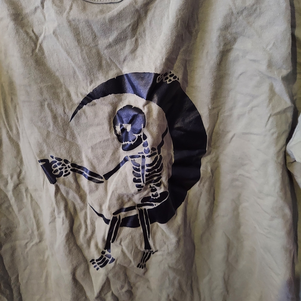 Skeleton on Crescent Moon Graphic Tee - Black on Army Green